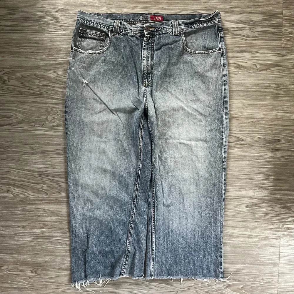 Anchor Blue Easy Fit Light Wash Distressed Raw Hem Jeans Mens 40x25.5